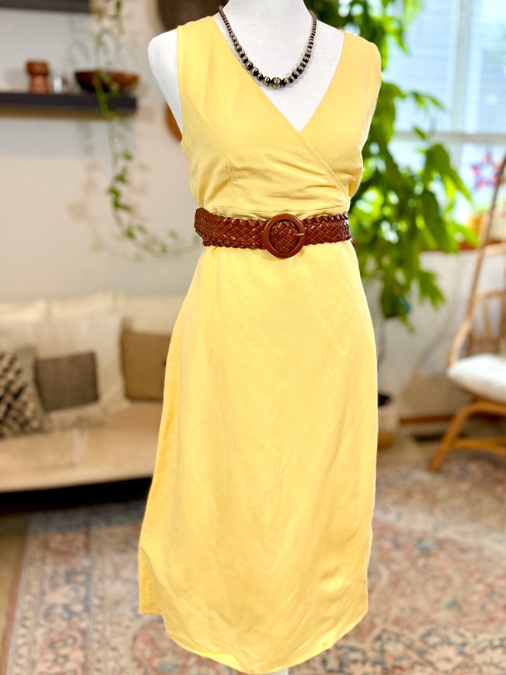 VTG Butter Yellow Linen Blend Midi Dress Sleeveless Summer Sz 4/6 S read - Picture 6 of 13